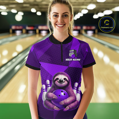 Purple Funny Sloth Bowling Shirt for Women Custom Bowling Jersey Polo & Quarter-Zip Bowling Outfit QZT995