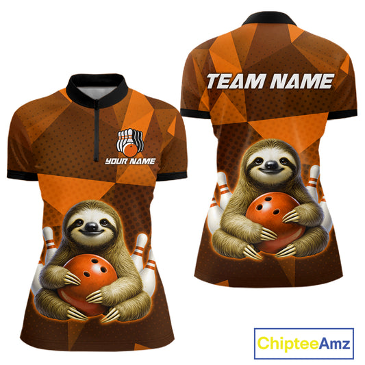Orange Funny Sloth Bowling Shirt for Women Custom Bowling Jersey Polo & Quarter-Zip Bowling Outfit QZT995