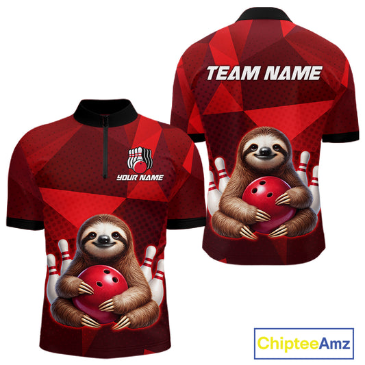 Red Funny Sloth Bowling Shirt for Men Custom Bowling Jersey Polo & Quarter-Zip Bowling Outfit QZT995