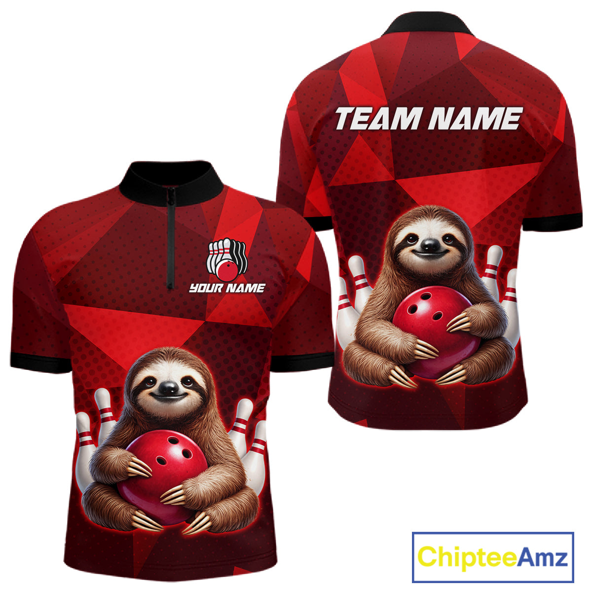Red Funny Sloth Bowling Shirt for Men Custom Bowling Jersey Polo & Quarter-Zip Bowling Outfit QZT995