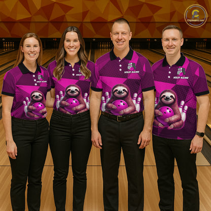 Pink Funny Sloth Bowling Shirt for Men Custom Bowling Jersey Polo & Quarter-Zip Bowling Outfit QZT995