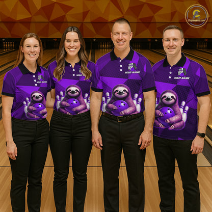 Purple Funny Sloth Bowling Shirt for Men Custom Bowling Jersey Polo & Quarter-Zip Bowling Outfit QZT995