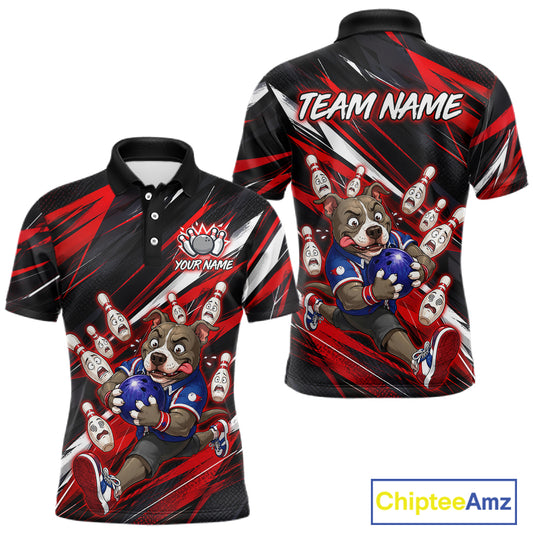 Custom red pit bull bowling polo shirt, front and back views, bowling league jersey for men