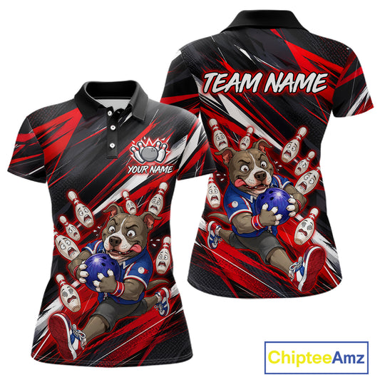 Custom red pit bull bowling polo shirt, front and back views, bowling league jersey for women