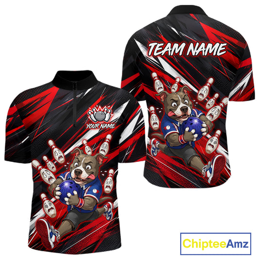Custom red pit bull bowling quarter-zip shirt, front and back views, bowling league jersey for men