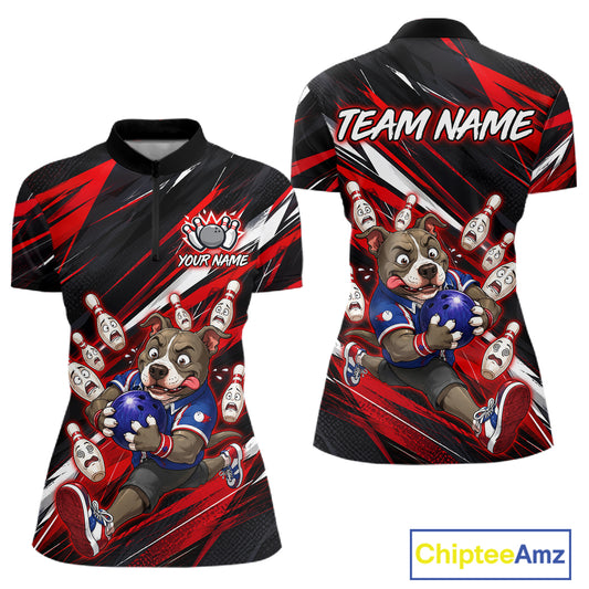 Custom red pit bull bowling quarter-zip shirt, front and back views, bowling league jersey for men
