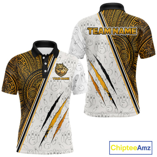 Custom yellow tribal tiger bowling polo shirt, front and back views, bowling league jersey for men
