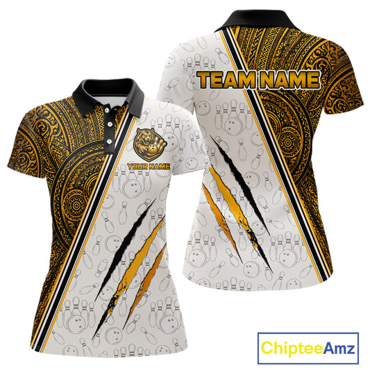 Custom yellow tribal tiger bowling polo shirt, front and back views, bowling league jersey for women