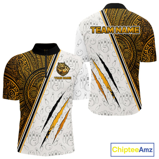Custom yellow tribal tiger bowling quarter-zip shirt, front and back views, bowling league jersey for men