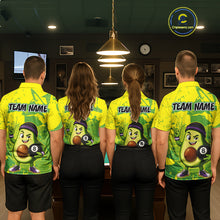 Load image into Gallery viewer, Four people wearing matching yellow and green sports jerseys with a team name on the back in a room.