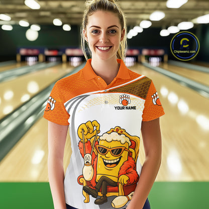 Custom Funny Orange Beer Polo Bowling Team Shirt for Women Quarter-Zip Bowling Jersey Outfit QZT820