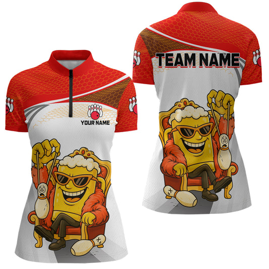 Custom Funny Red Beer Polo Bowling Team Shirt for Women Quarter-Zip Bowling Jersey Outfit QZT820