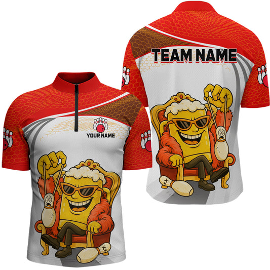 Custom Funny Red Beer Polo Bowling Team Shirt for Men Quarter-Zip Bowling Jersey Outfit QZT820