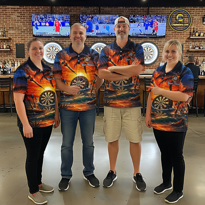 Custom Dart Team Shirts for Men Polo & 1/4 Zip Dart Jersey Sunset Tropical Design Dartboard Shirt DHT30