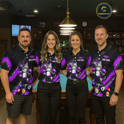 Custom Funny Purple Cat 8 Ball Billiard Shirts for Men Billiard Team Jersey Polo & 1/4 Zip Pool Shirt BHT32