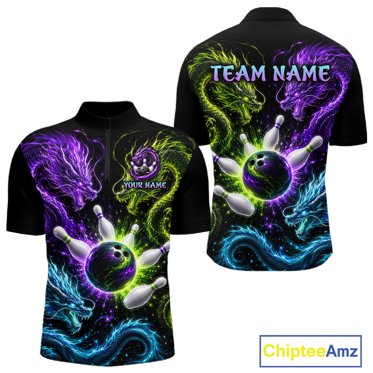 Multicolor Dragon Bowling Shirt for Men Custom Bowling Jersey Polo & Quarter-Zip QZT1051