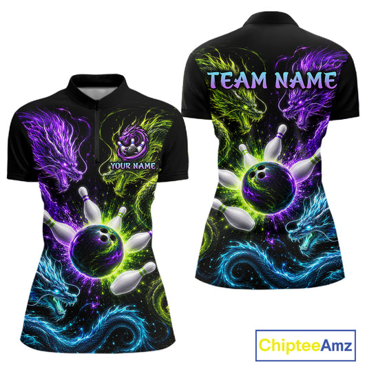 Multicolor Dragon Bowling Shirt for Women Custom Bowling Jersey Polo & 1/4-Zip QZT1051