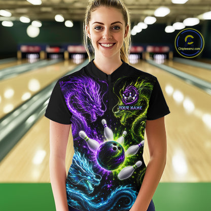 Multicolor Dragon Bowling Shirt for Women Custom Bowling Jersey Polo & 1/4-Zip QZT1051