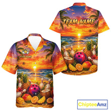 Load image into Gallery viewer, Hawaiian shirt with beach and bowling design, featuring 'Team Name' and 'Your Name' text, with ChipteeAmz branding.