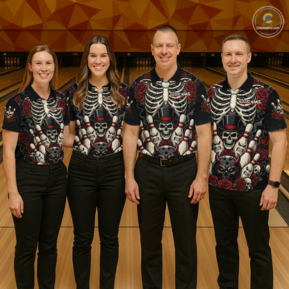 Four people standing together in a bowling alley wearing matching black short-sleeve bowling shirts with a white skeleton and red rose graphic print, paired with black pants. A bowling lane and geometric wall are visible in the background.