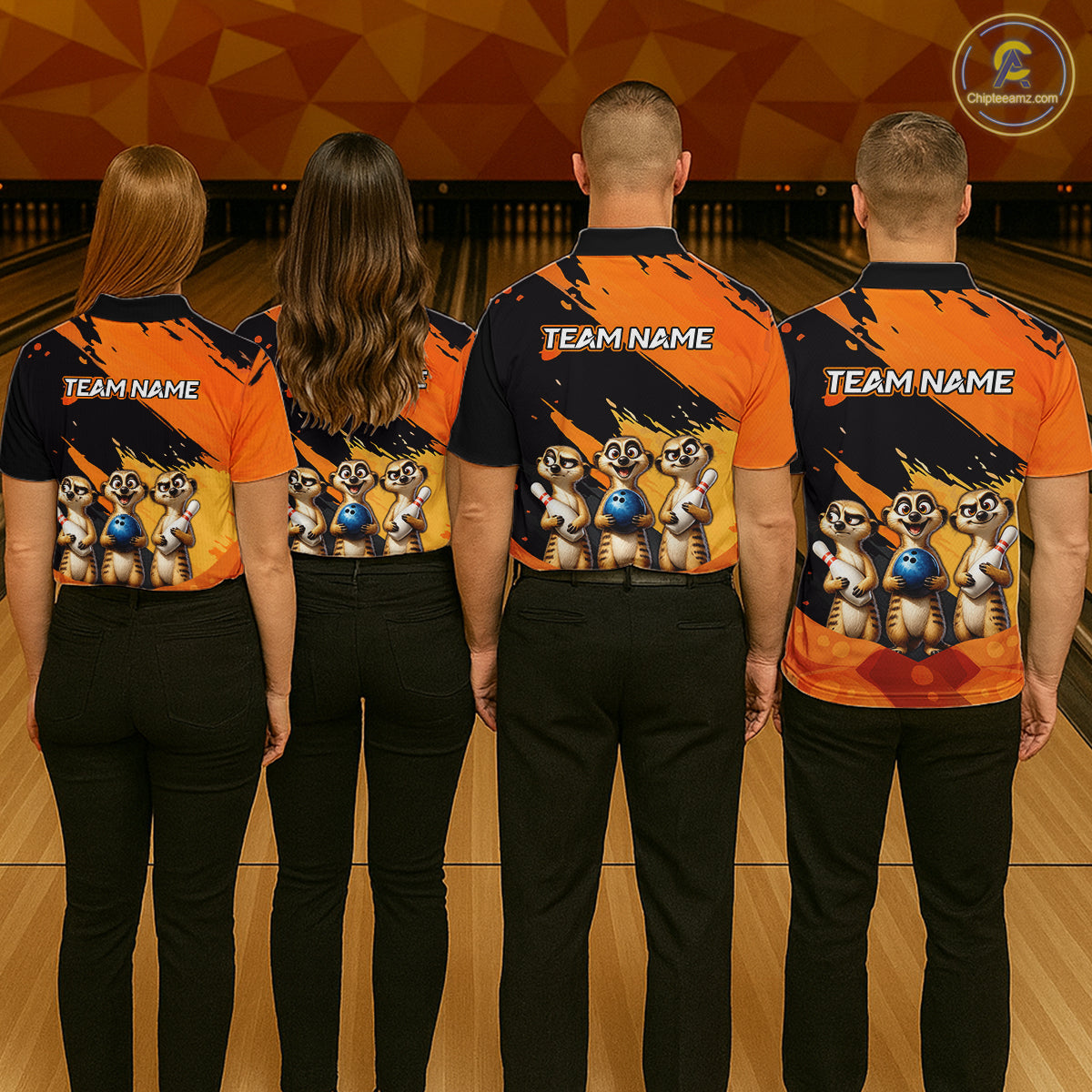 Four people standing at the back of a bowling alley wearing matching bowling shirts with a custom meerkat graphic and placeholder text 'TEAM NAME'.