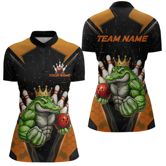 Custom Funny Orange Crocodile Bowling Shirt Alligator Bowling Jersey for Women Polo & 1/4 Zip QZT823