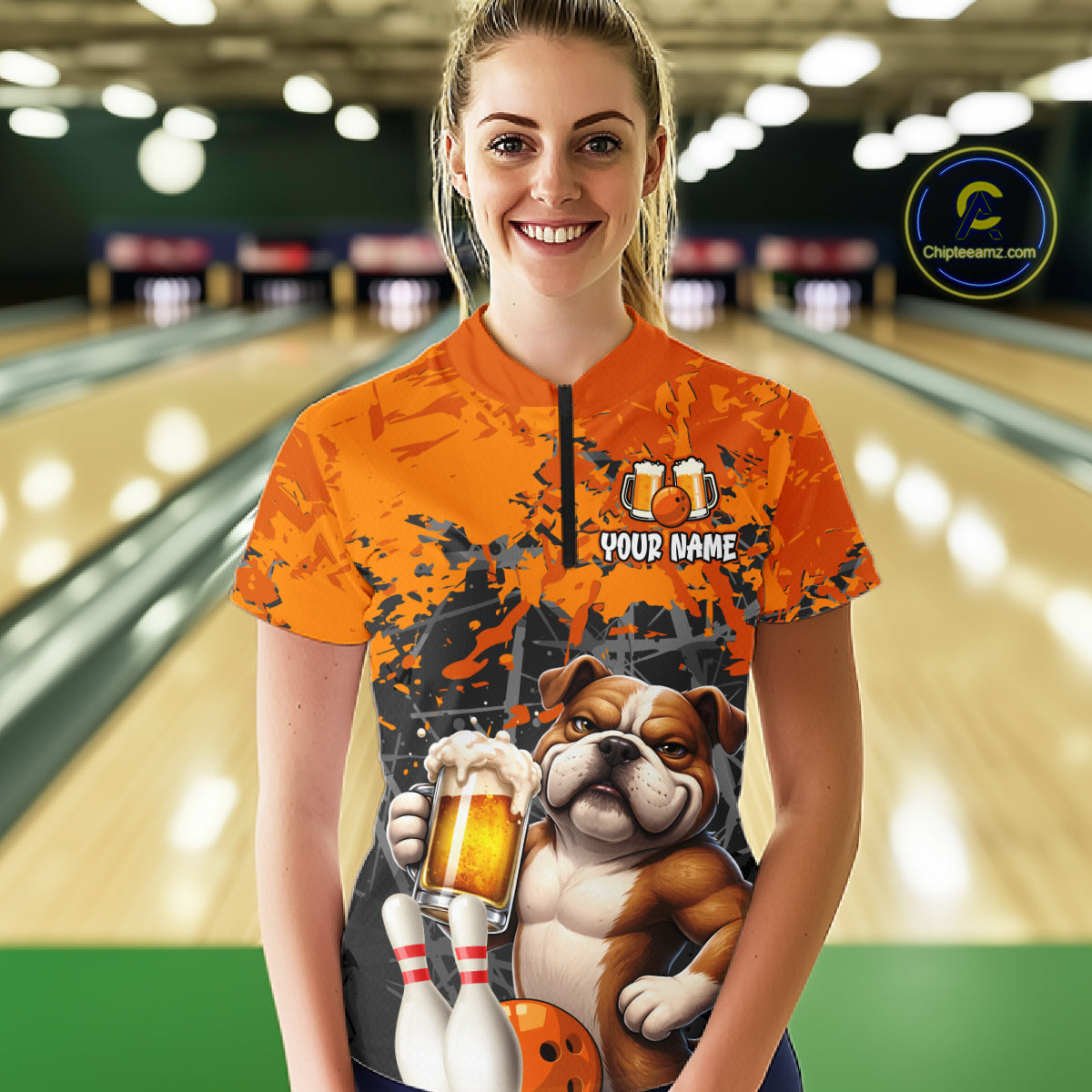 Orange Bull Dog & Beer Bowling Shirt for Women Custom Bowling Team Jersey Bowling Outfit QZT998
