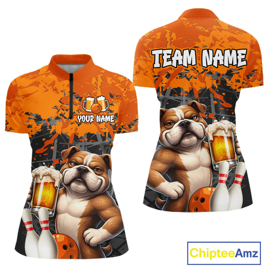 Orange Bull Dog & Beer Bowling Shirt for Women Custom Bowling Team Jersey Bowling Outfit QZT998