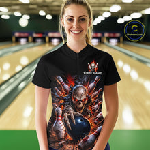Load image into Gallery viewer, Person wearing a black quarter-zip jersey with a graphic design of a skeleton holding a bowling ball and pins in a bowling alley.