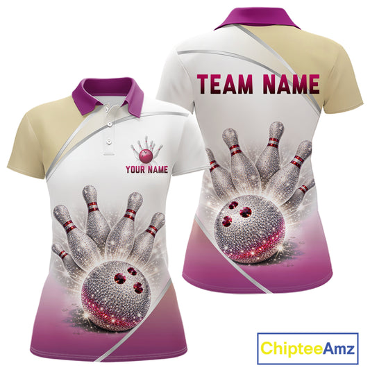 Custom Rhinestone Bowling Shirt for Women Gradient Bowling Team Jersey Polo & Quarter-Zip Bowling Outfit QZT965