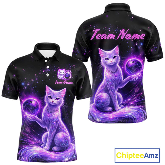 Cat Aurora Galaxy Bowling Shirt  for Men Custom Neon Glow Bowling Jersey Polo & Quarter-Zip QZT968