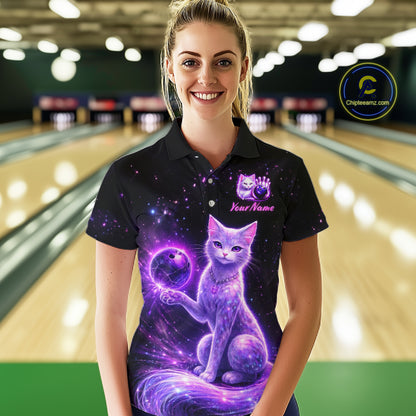 Cat Aurora Galaxy Bowling Shirt  for Women Custom Neon Glow Bowling Jersey Polo & Quarter-Zip QZT968