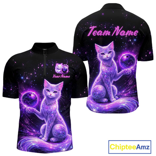 Cat Aurora Galaxy Bowling Shirt  for Men Custom Neon Glow Bowling Jersey Polo & Quarter-Zip QZT968