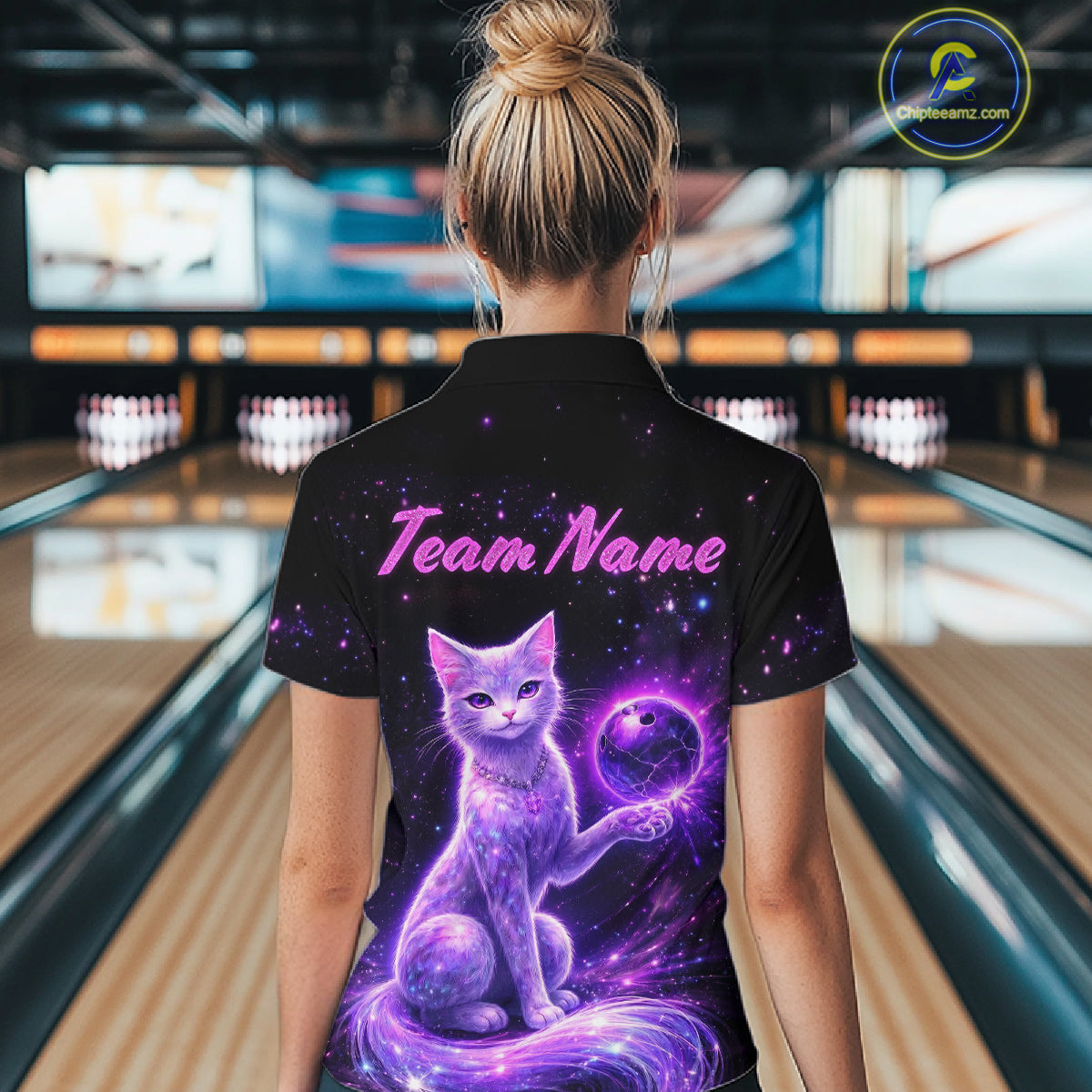Cat Aurora Galaxy Bowling Shirt  for Women Custom Neon Glow Bowling Jersey Polo & Quarter-Zip QZT968