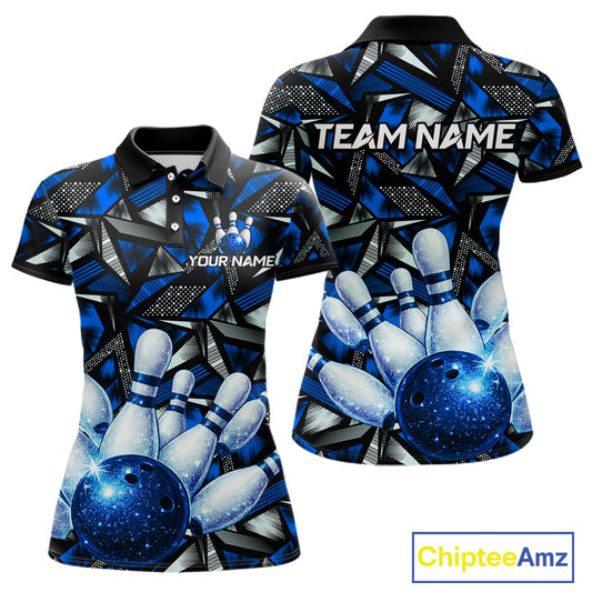 Blue Rhinestone Bowling Shirt for Women Custom Bowling Team Jersey Polo & Quarter-Zip QZT1003