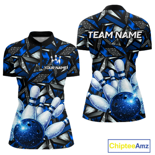 Blue Rhinestone Bowling Shirt for Women Custom Bowling Team Jersey Polo & Quarter-Zip QZT1003