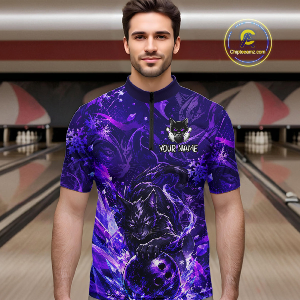 Custom Purple Cat Bowling Team Shirt Bowling Jersey League for Men  Polo & Quarter-Zip QZT1053