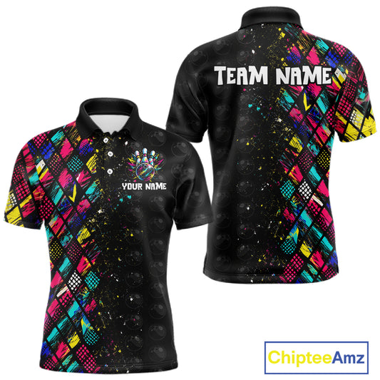 Colorful patterned polo shirt with customizable text on a white background