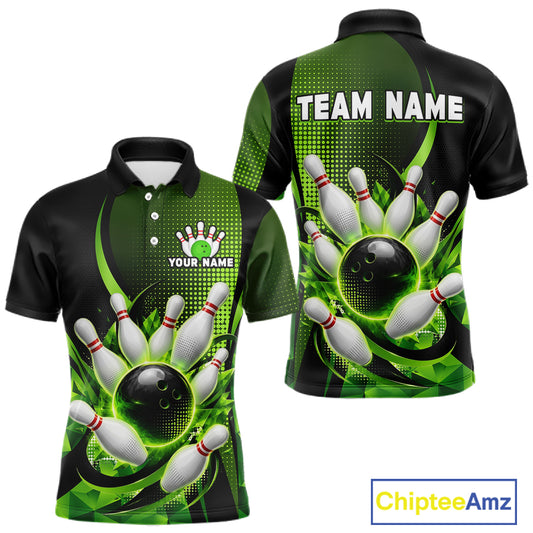 Bowling-themed polo shirt with customizable text on a white background