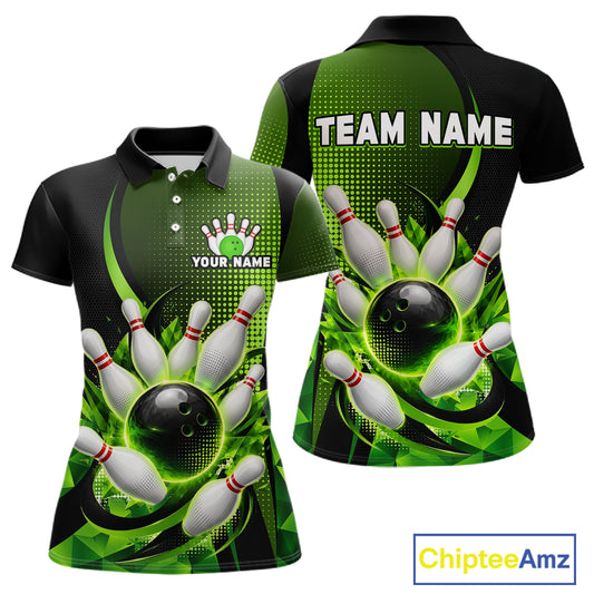 Bowling-themed polo shirt with customizable text on a white background