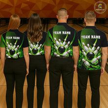 Load image into Gallery viewer, Four people wearing bowling team shirts with a green and black design on a bowling alley.