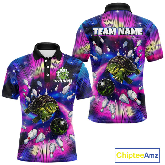 Colorful bowling-themed polo shirt with turtles, bowling balls, and pins on a white background. Brand 'Chiptee Amz' visible.
