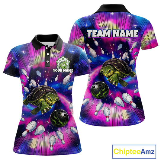 Colorful bowling-themed polo shirts with turtles and bowling pins, featuring customizable text and Chiptee Amz branding.