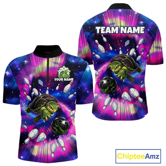 Colorful bowling-themed shirt with turtles and bowling balls on a white background, featuring 'Chiptee Amz' branding.