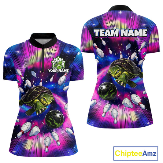 Colorful bowling-themed shirt with turtles and bowling pins, featuring 'Your Name' and 'Team Name' text, on a white background.