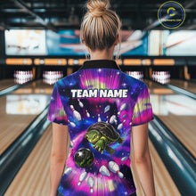 Load image into Gallery viewer, Person wearing a colorful bowling shirt with a turtle design and 'TEAM NAME' text in a bowling alley.