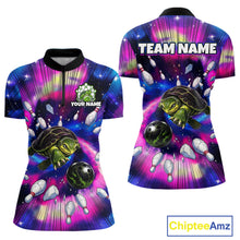 Load image into Gallery viewer, Colorful bowling-themed shirt with turtles and bowling pins, featuring 'Your Name' and 'Team Name' text, on a white background.