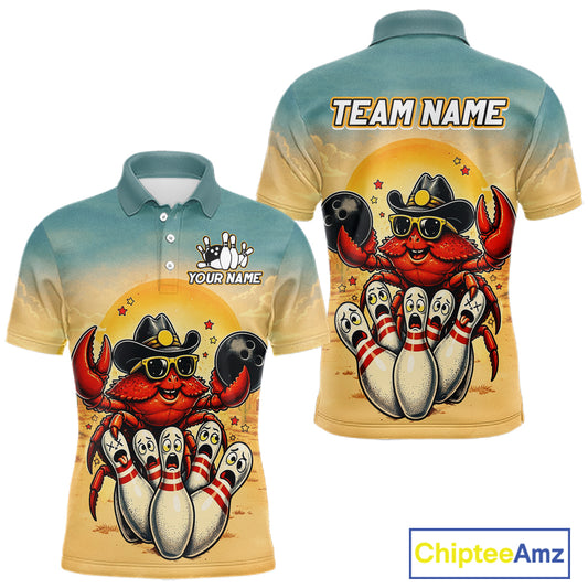 Two polo shirts with a crabs bowling design on a gradient background, featuring 'Chiptee Amz' branding.