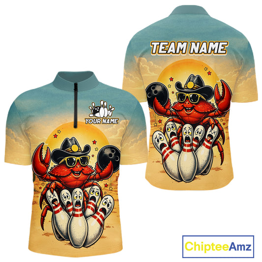 Two views of a sports jersey with a crab character and bowling design, featuring 'Chiptee Amz' branding.