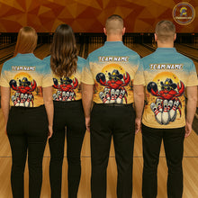 Load image into Gallery viewer, Four people wearing bowling shirts with a team name and colorful designs on a bowling alley.